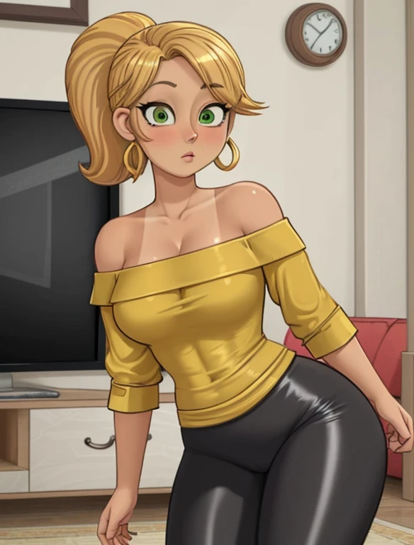 (best quality:1.3), (4K quality),masterpiece, best quality, high res, detailed, (Detailed face:1.2), (Detailed eyes:1.2), (Hourglass figure:1.2), CARTOON, ANIME, CARTOON ARTSTYLE, 1girl, solo, 36-years-old, tan olive skin, short blonde hair, pony tail style, green eyes, ((Wearing a yellow off-shoulder top and shiny black leggings)), standing in the middle of the living room, couch, TV, carpet, relaxed atmosphere, cinematic lighting, detailed background,