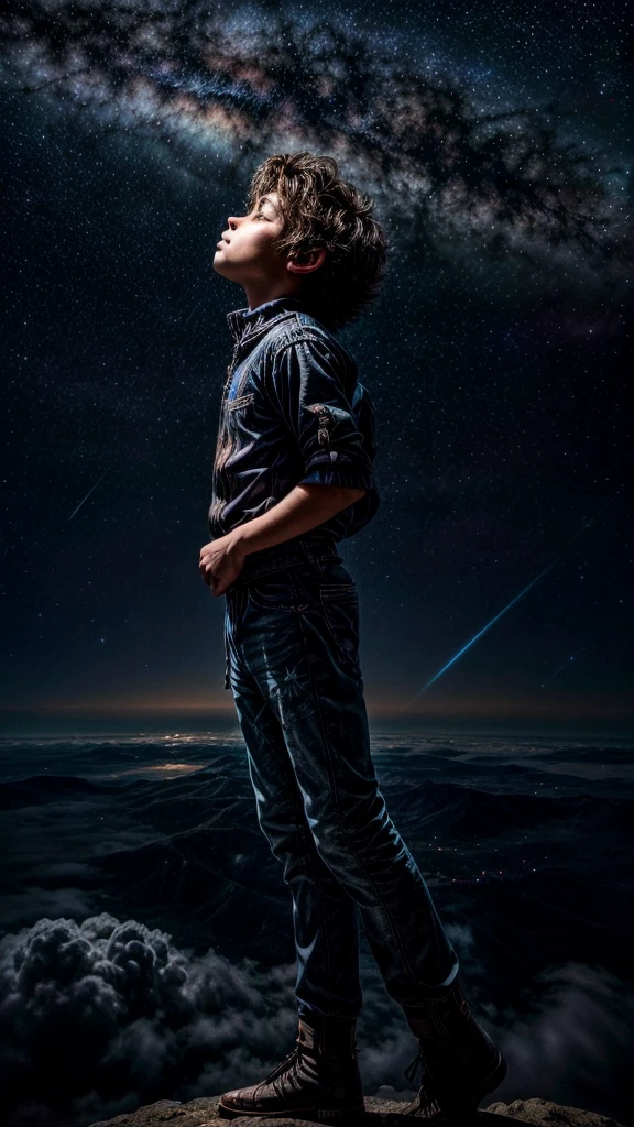 Perched upon a wispy cloud, a young boy gazes in awe at the breathtaking expanse above. The night sky comes alive with a sea of stars, twinkling like diamonds scattered across a velvet canvas. Cosmic phenomenons swirl and dance, painting streaks of vibrant colors across the vastness of space. With his hair gently tousled by the celestial breeze, the boy's silhouette stands as a witness to the beauty of the universe. Serene and filled with wonder, he becomes a part of this cosmic symphony, he presence illuminating the infinite possibilities that lie beyond the clouds in a cosmic colourful sky save animal