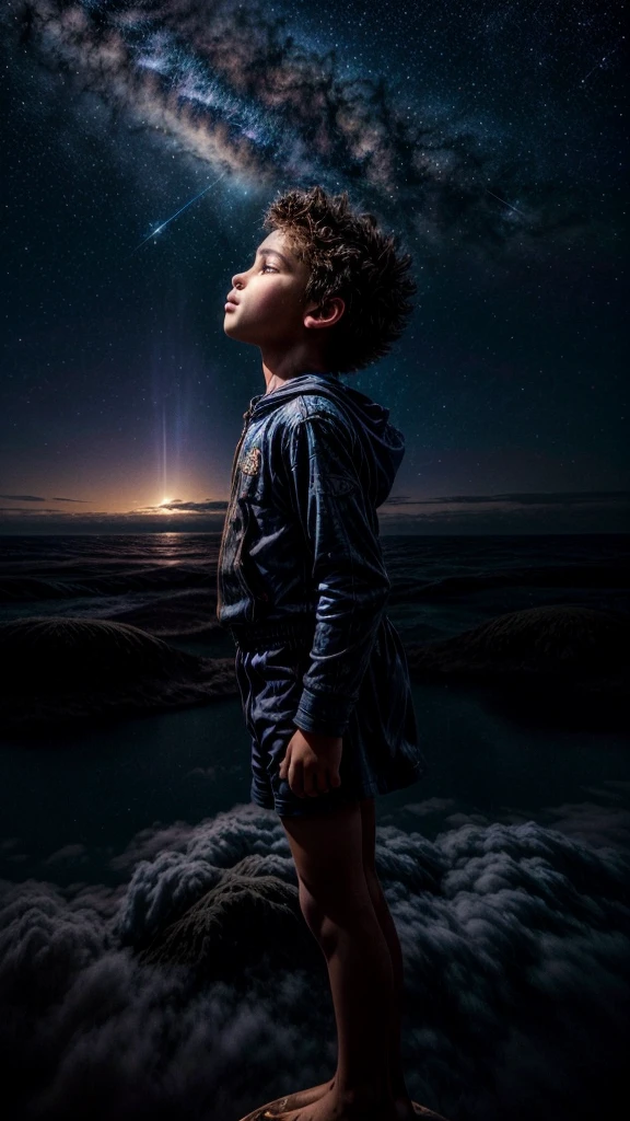 Perched upon a wispy cloud, a young boy gazes in awe at the breathtaking expanse above. The night sky comes alive with a sea of stars, twinkling like diamonds scattered across a velvet canvas. Cosmic phenomenons swirl and dance, painting streaks of vibrant colors across the vastness of space. With his hair gently tousled by the celestial breeze, the boy's silhouette stands as a witness to the beauty of the universe. Serene and filled with wonder, he becomes a part of this cosmic symphony, he presence illuminating the infinite possibilities that lie beyond the clouds in a cosmic colourful sky save animal