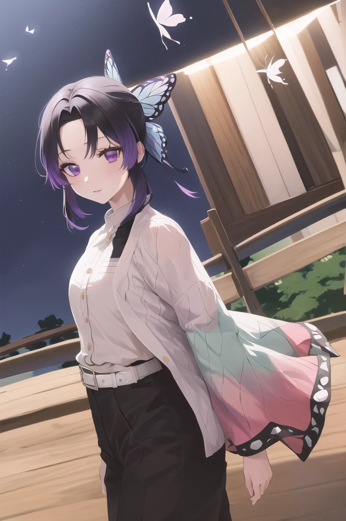 masterpiece, best quality, highres, 1girl, solo, kochou shinobu, butterfly hair ornament, purple eyes, multicolored hair, short hair, parted bangs, black pants, black jacket, long sleeves, belt, cowboy shot, forest, night, moon sexy แต่งตัวโป๊