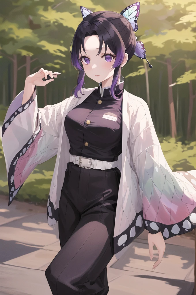 masterpiece, best quality, highres, 1girl, solo, kochou shinobu, butterfly hair ornament, purple eyes, multicolored hair, short hair, parted bangs, black pants, black jacket, long sleeves, belt, cowboy shot, forest, night, moon sexy แต่งตัวโป๊