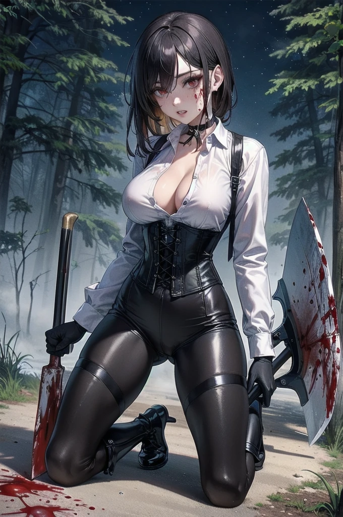 ((blood droplets)), ((blood)), ((blood splatter)), ((blood on clothes)), ((blood stain)), Masterpiece, Beautiful art, professional artist, 8k, face expressing pain, showing teeth slightly, very detailed face, Detailed clothing, detailed fabric, 1 girl, front view, kneeling, BIG BREASTS, perfectly drawn body, , pale skin, beautiful face, long black hair, 4k eyes, very detailed eyes, pink cheeks, choker:1.6, (white long sleeve button down shirt with white collar), black gloves, gloves that cover hands, (holds an ax with his right hand), (black leather corset), (shiny black leggings), (Black leather boots), Sensual Lips, show details in the eyes, dark forest, Atmosphere, fog, At night