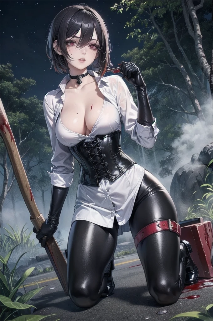 ((blood droplets)), ((blood)), ((blood splatter)), ((blood on clothes)), ((blood stain)), Masterpiece, Beautiful art, professional artist, 8k, face expressing pain, showing teeth slightly, very detailed face, Detailed clothing, detailed fabric, 1 girl, front view, kneeling, BIG BREASTS, perfectly drawn body, , pale skin, beautiful face, long black hair, 4k eyes, very detailed eyes, pink cheeks, choker:1.6, (white long sleeve button down shirt with white collar), black gloves, gloves that cover hands, (holds an ax with his right hand), (black leather corset), (shiny black leggings), (Black leather boots), Sensual Lips, show details in the eyes, dark forest, Atmosphere, fog, At night