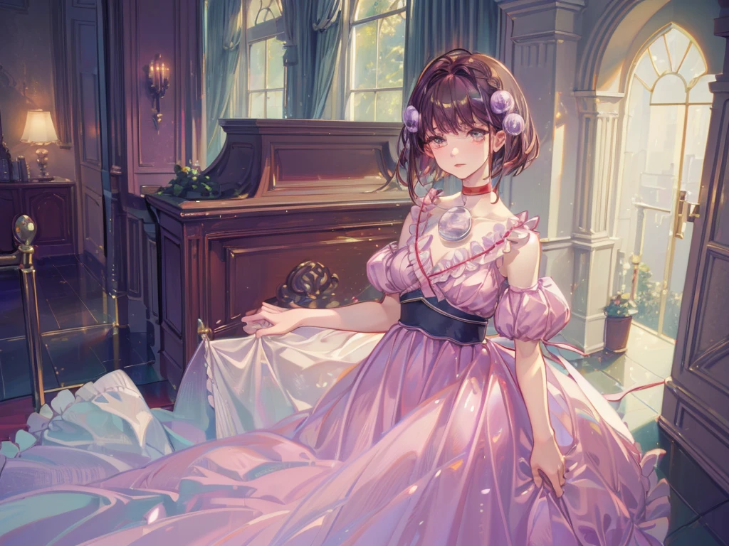 Reala, hair ornament, red choker, pink dress, (masterpiece, Absurd quality, Highest quality, Official Art, beautifully、aesthetic:1.2), 16K, Cute girl, Very detailed, Digital Art, colorful, Most detailed, Bright colors, (Conversion Sequence), Baby Face, Cinema Lighting, Dynamic Angle, landscape, scenery, (difficult:1.5), (One girl:1.5), (indoor:1.5), Bedroom, lamp, (Hotel Rooms:1.3), (Very detailed lips:1.3), eyelash, Very detailed顔, (Perfect Legs, Perfect hands, Perfect Anatomy:1.1), Depth of written boundary, Speckled sunlight, Beautiful lighting, Little,
