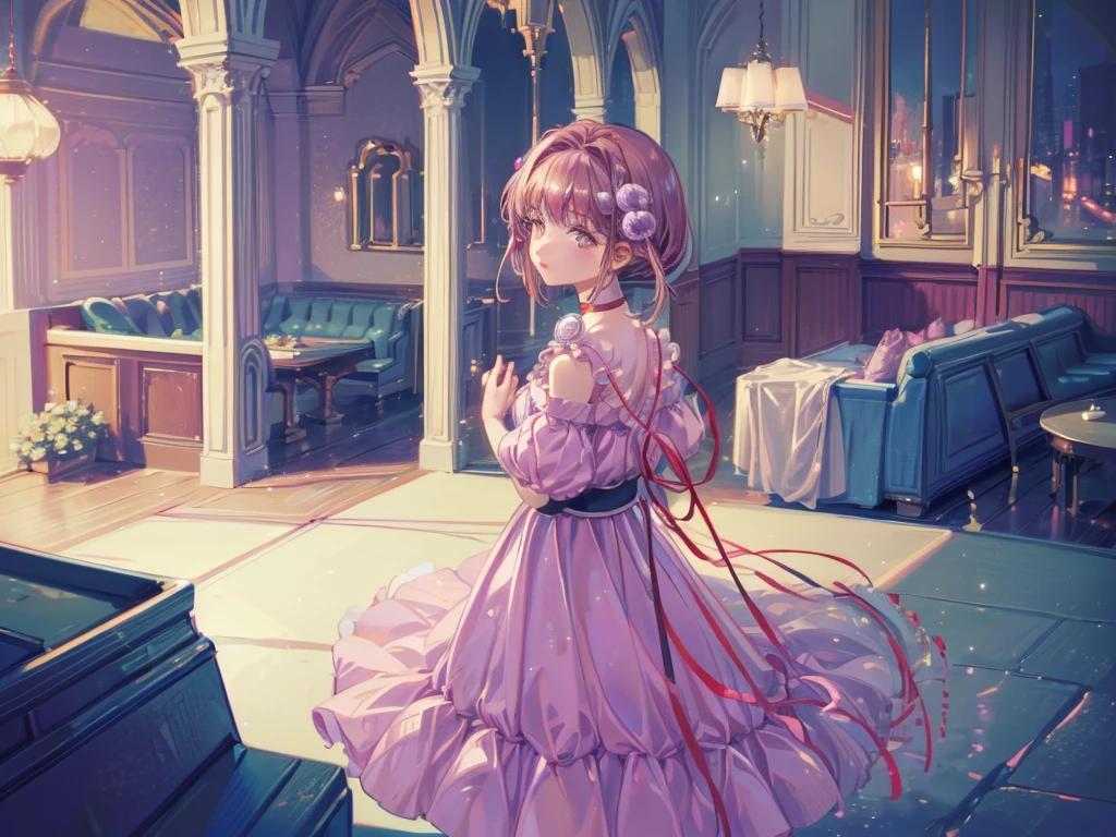 Reala, hair ornament, red choker, pink dress, (masterpiece, Absurd quality, Highest quality, Official Art, beautifully、aesthetic:1.2), 16K, Cute  girl, Very detailed, Digital Art, colorful, Most detailed, Bright colors, (Conversion Sequence), Baby Face, Cinema Lighting, Dynamic Angle, landscape, scenery, (difficult:1.5), (One girl:1.5), (indoor:1.5), Bedroom, lamp, (Hotel Rooms:1.3), (Very detailed lips:1.3), eyelash, Very detailed顔, (Perfect Legs, Perfect hands, Perfect Anatomy：1.1), Depth of written boundary, Speckled sunlight, Beautiful lighting, Little,
