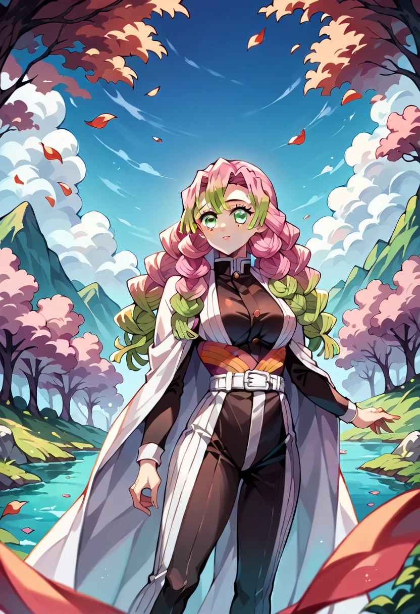 Demon Slayer Corp style anime – Stunning detailed scenery, dazzling suit, unique color costume, generates iconic and different colors, creative hairstyle, two color hair, beautiful image, grinning gaze, eyes of different styles, cute style.