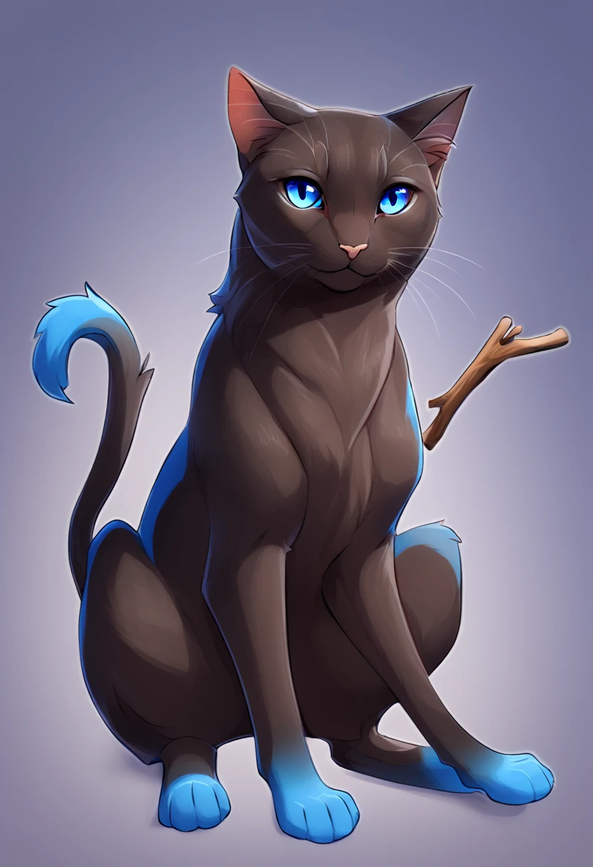 A quadrupedal cat with an animal stick, dark brown color, blue colored eyes, simple background, has no human characteristics