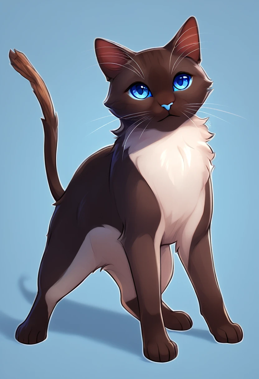 A quadrupedal cat with an animal stick, dark brown color, blue colored eyes, simple background, has no human characteristics 