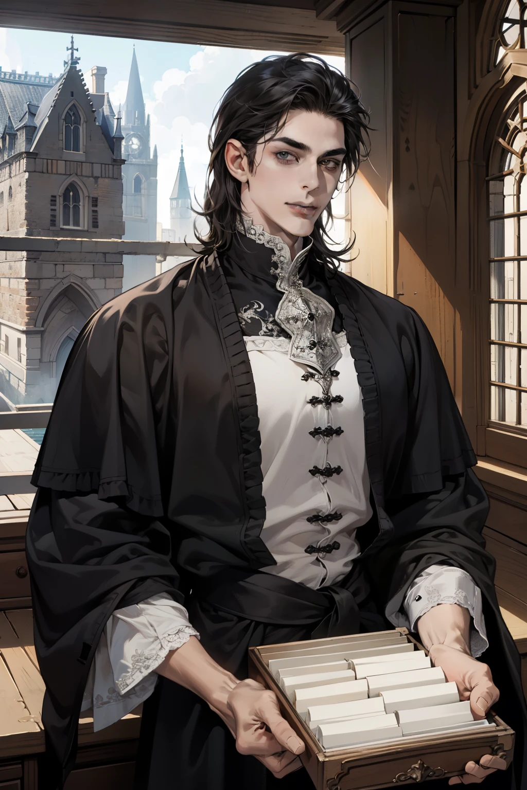 (masterpiece, Best quality:1.2), (absurd resolution, A high resolution, ultra detailed), 1 man, Middle Ages, adult, Beautiful, tall muscular guy, broad shoulders, black hair, finely detailed gray eyes, to the waist, Looking at the viewer, One, half shot, detailed background, detailed face, (Gothic), grin, serious face, arrogance high fantasy,, secrecy, under cover, (Drawers in the background), shadows, (Dutch corner), closed mouth, duke