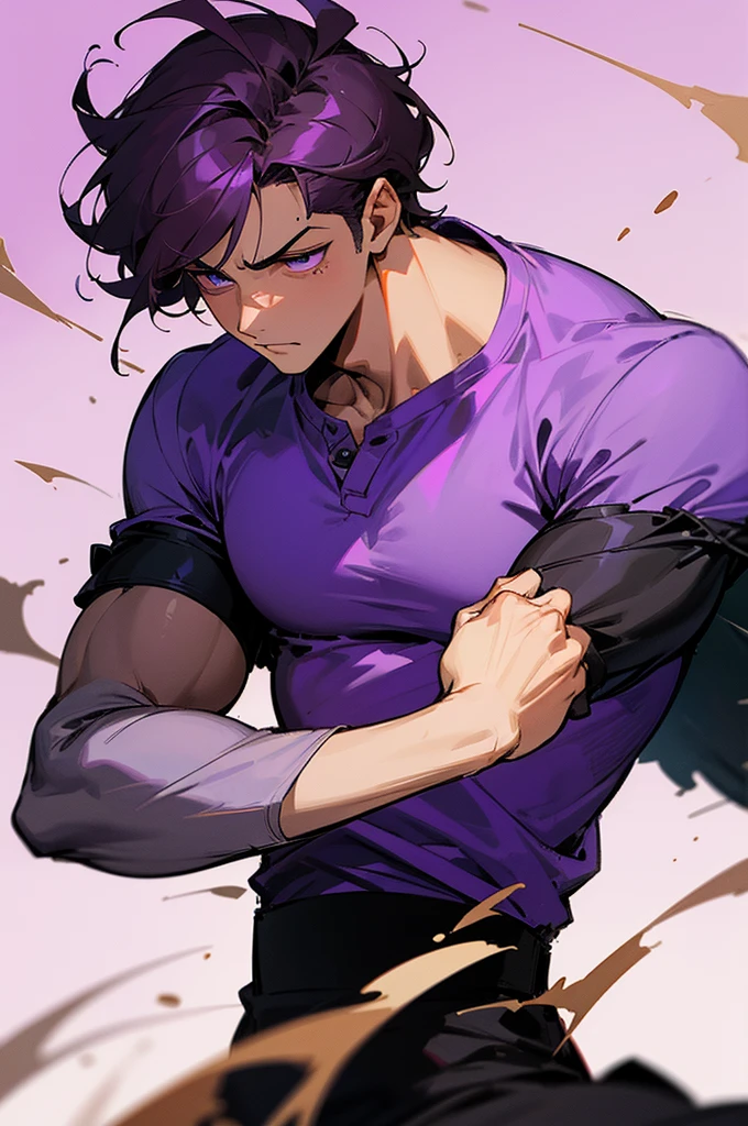 Develop a drawing in the style of Turma da Mônica, characterized by the design . The drawing must portray a young male ALPHA MALE. He is wearing a purple shirt and has purple pupils. Her hair is brown. Use shading to add depth and texture to the scene, emphasizing the emotional gravity of the moment.