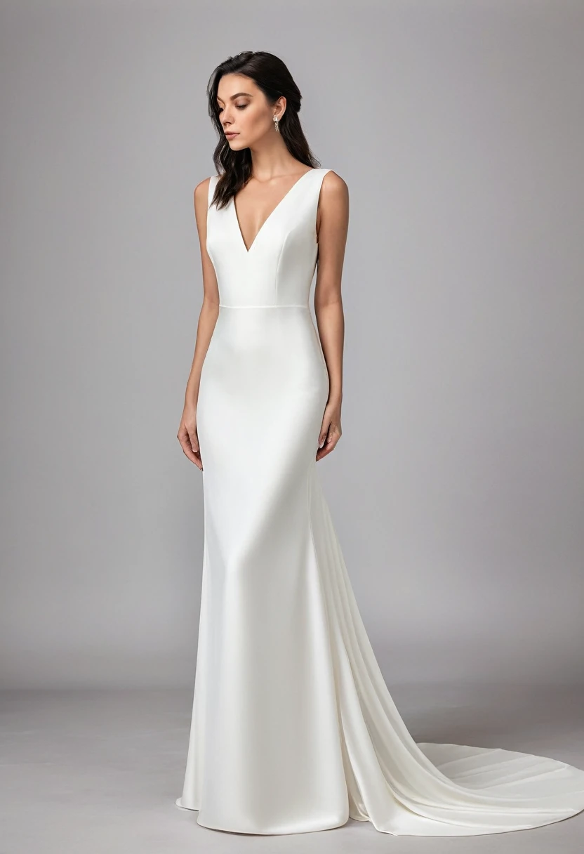 simple and chic wedding dress with clean lines and no excessive decorations. Made from high-quality fabrics like silk and crepe. Unusual cuts and unique details like an open back or asymmetrical sleeves