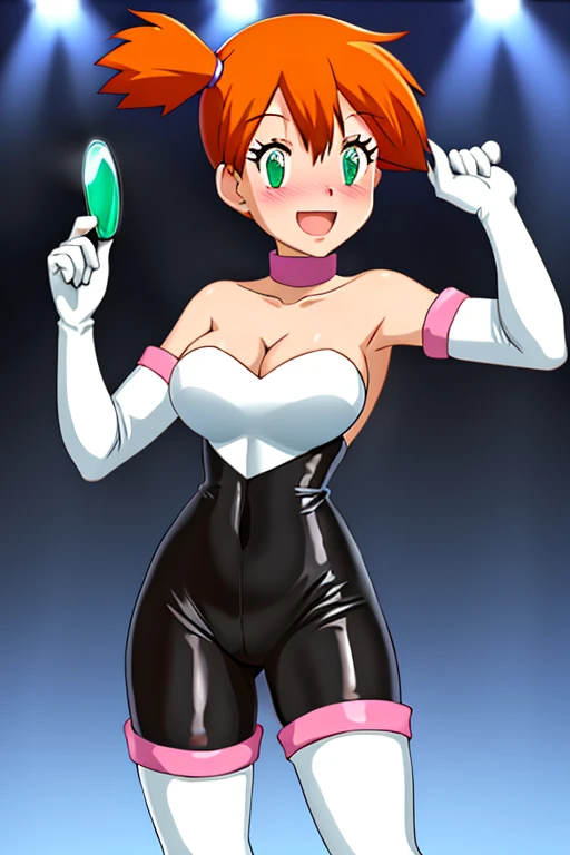 misty, 1 girl, solo, breasts, looking_at_viewer, blush, short_hair, open_mouth, bangs, gloves, bare_shoulders, green_eyes, standing, collarbone, medium_breasts, elbow_gloves, indoors, white_gloves, hand_up, orange_hair, side_ponytail, cosplay, rouge_cosplay, white_gloves, black_rubber_bodysuit, thigh_boots, white_footwear, cleavage, eyelashes, strapless, black_bodysuit, clenched_hand, adapted_costume, hair_tie, light_smile