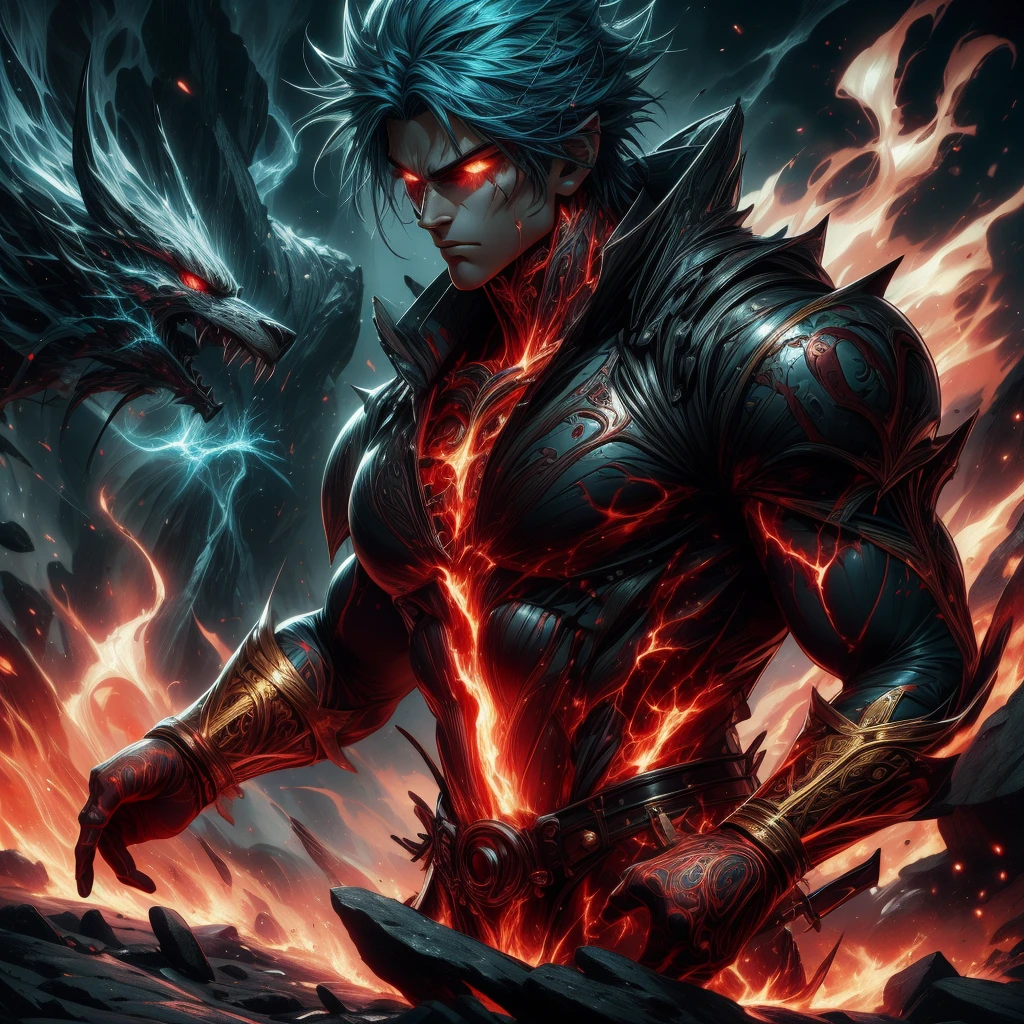 (aesthetic, A high resolution: 1.2), Get ready for a visual feast with Supper Man 20th Anniversary., One, shiny blue hair and tattoos, a creature with a beautiful face and piercing golden eyes. In its transformed state, he exudes extreme instinct and strength, creating an epic anime about this man of energy. Take a look, how he manipulates fire and lava in stunning anime illustrations, that will amaze you.. This concept art is straight out of the Bleach universe.., with 8k wallpaper in manga style, that will take you to another dimension. Get ready to be amazed by this detailed piece of digital anime art., demonstrating the perfect combination of style and power.