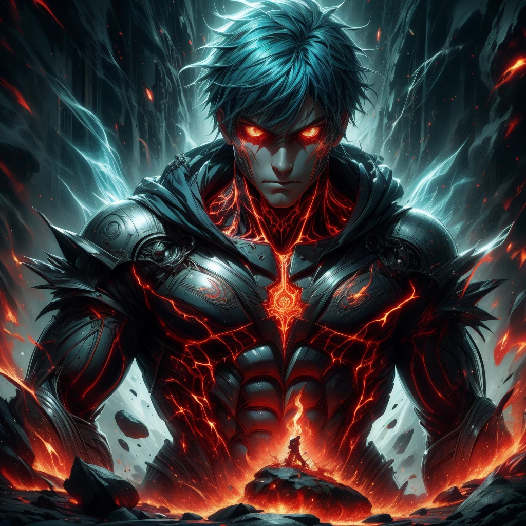 (aesthetic, A high resolution: 1.2), Get ready for a visual feast with Supper Man 20th Anniversary., One, shiny blue hair and tattoos, a creature with a beautiful face and piercing golden eyes. In its transformed state, he exudes extreme instinct and strength, creating an epic anime about this man of energy. Take a look, how he manipulates fire and lava in stunning anime illustrations, that will amaze you.. This concept art is straight out of the Bleach universe.., with 8k wallpaper in manga style, that will take you to another dimension. Get ready to be amazed by this detailed piece of digital anime art., demonstrating the perfect combination of style and power.