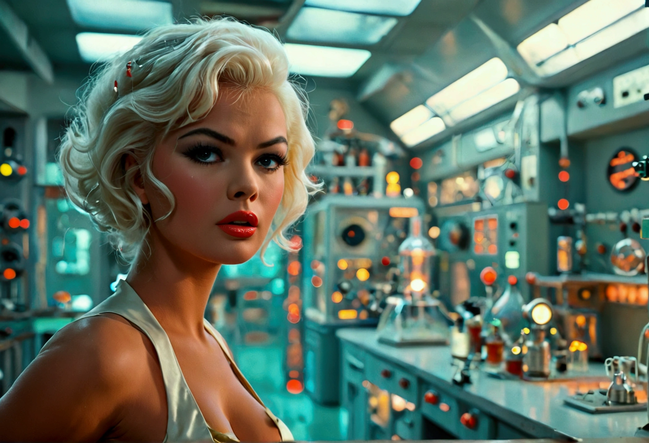 jayne mansfield (age 25, young and vibrant, sexy sci fi scientist), damsel in distress, recoiling from a terrible monster. science lab 1960s sci fi cinema