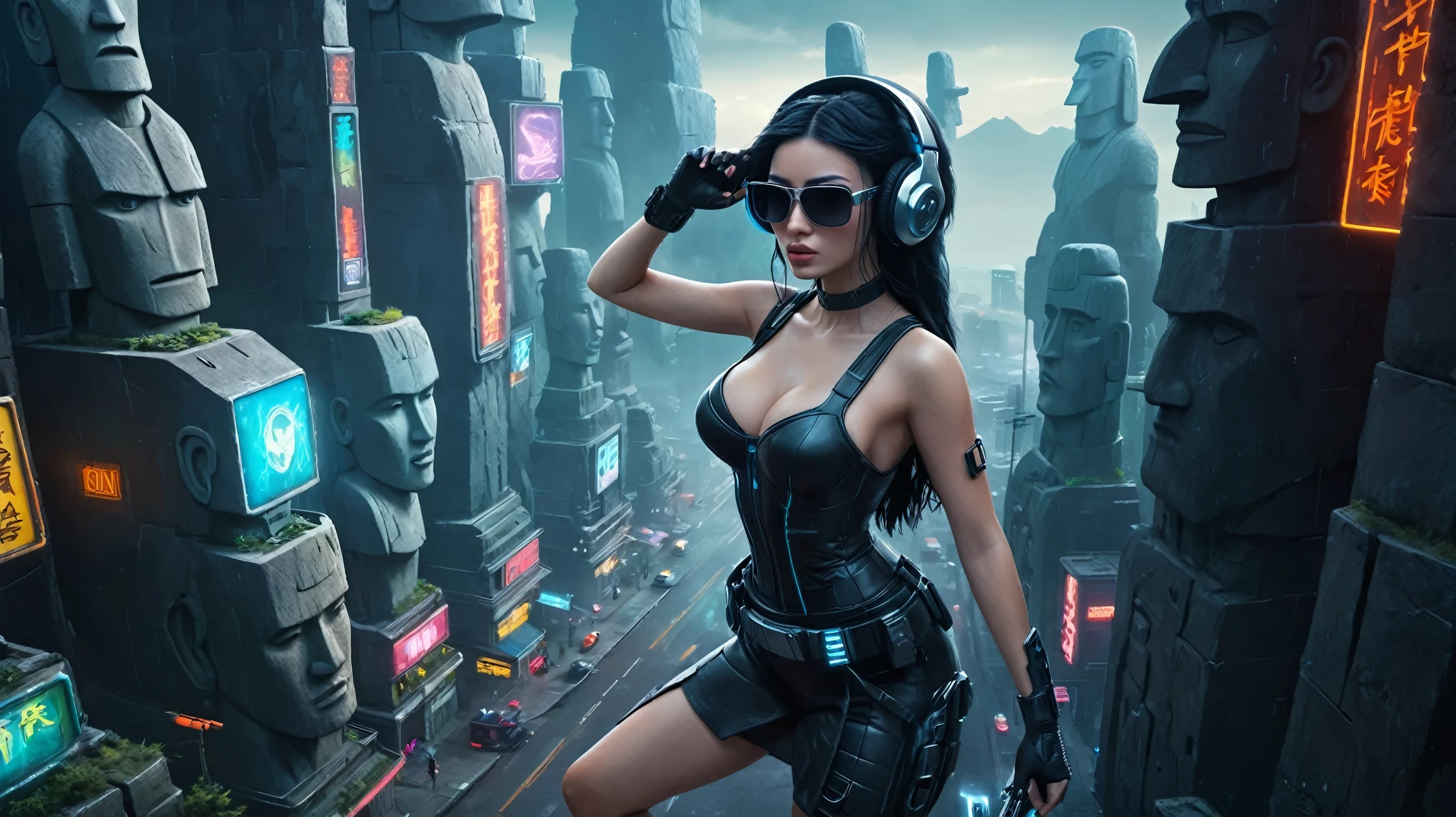 At night, dark sky, distant shot aerial view of fantasy cyberpunk style ice ((Moai-statue)) city, ((flying car)). ((1girl, solo, alone)), medium-breast:1.1 slim body, cleavage, sexy clothes, (headphone, black sunglasses, long black realistic hair), (((hip-up standing and holding pistol))), half-body thigh level medium shot, cinematic lighting.