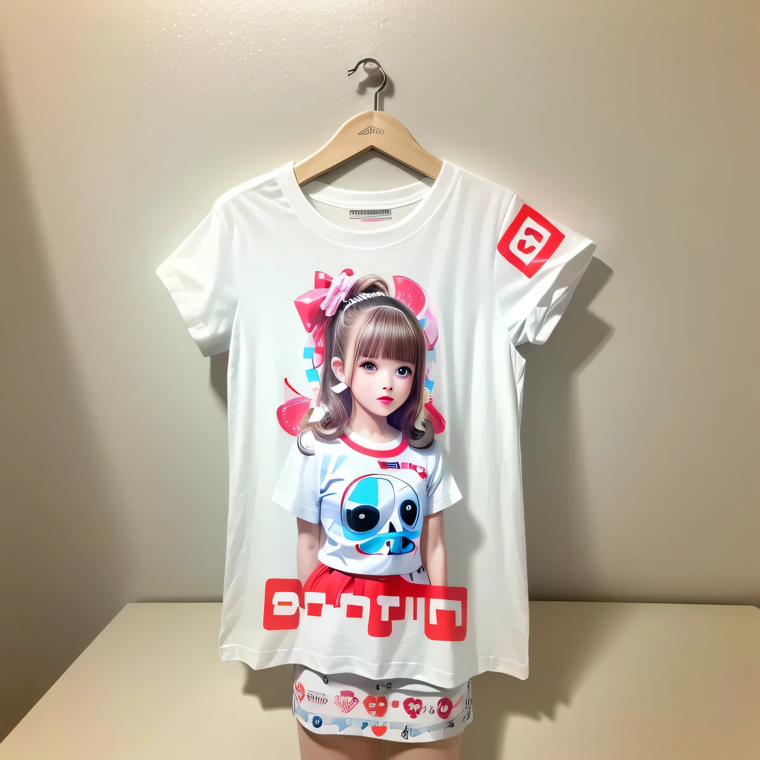 White and Bright Red, (obra-prima 8K TopQuality:1.2) (professional foto:1.37) extremely detaild (((a tshirt) featuring PUNIPUNI KAWAII girl Printed on it) featuring "super bitch" logo ) shinny body