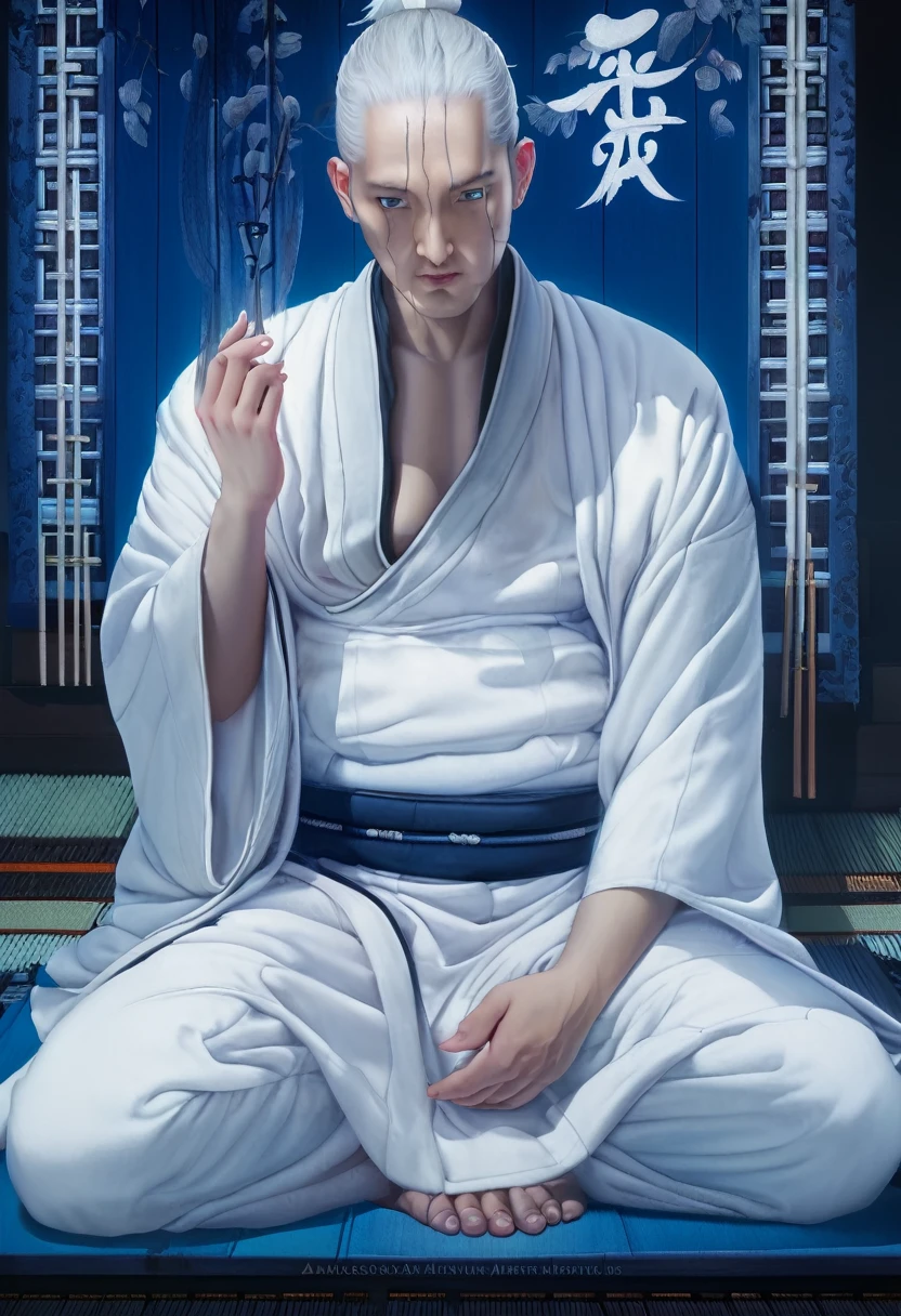 painting of a man in a white robe sitting on a blue surface, daoist, mystical oil on linen, ancient japanese monk, inspired by Kaigetsudō Anchi, inspired by Kaigetsudō Ando, yanjun chengt, portrait of monk, white haired deity, a cyborg meditating, monk meditate, zen méditation cyberpunk