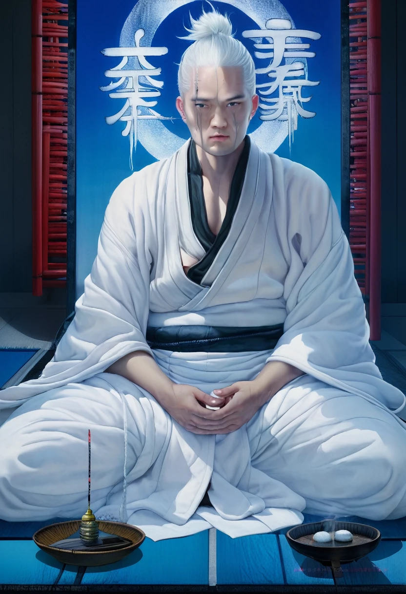 painting of a man in a white robe sitting on a blue surface, daoist, mystical oil on linen, ancient japanese monk, inspired by Kaigetsudō Anchi, inspired by Kaigetsudō Ando, yanjun chengt, portrait of monk, white haired deity, a cyborg meditating, monk meditate, zen méditation cyberpunk