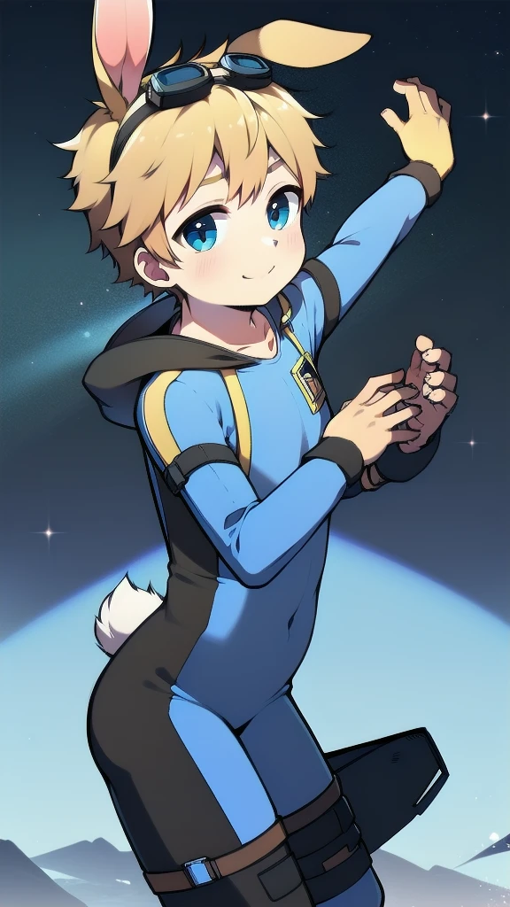 ((A  boy))，(Youthful feeling)，One-piece mountaineering suit，Goggles，Fingerless gloves，Cotton socks，Short sleeve，stand up，happy，Rabbit ears