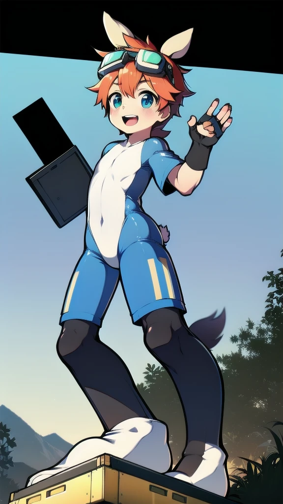 ((A young boy)),(Youthful feeling),One-piece mountaineering suit,Goggles,Fingerless gloves,Cotton socks,Short sleeve,stand up,happy,Rabbit ears