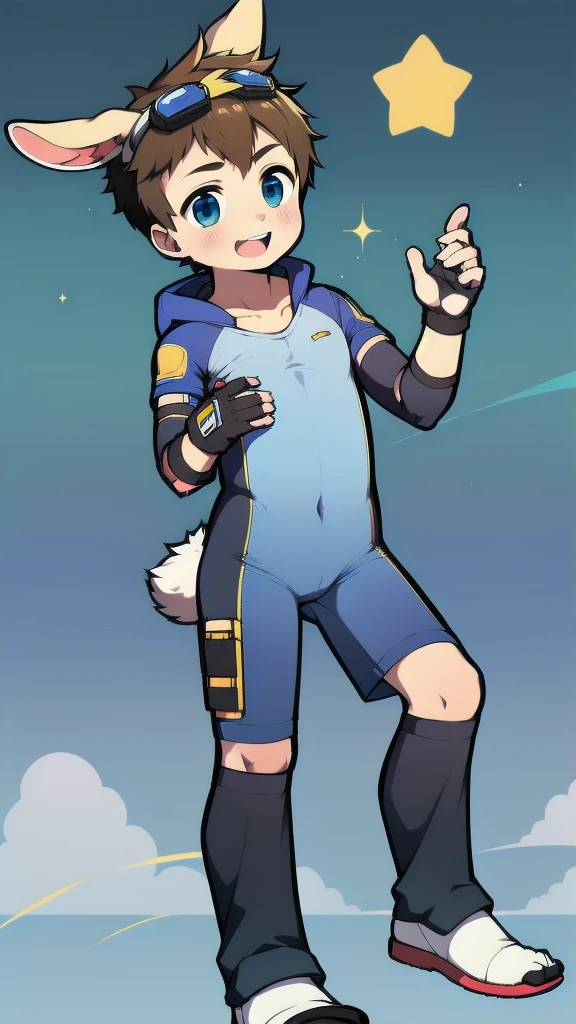 ((A young boy)),(Youthful feeling),One-piece mountaineering suit,Goggles,Fingerless gloves,Cotton socks,Short sleeve,stand up,happy,Rabbit ears