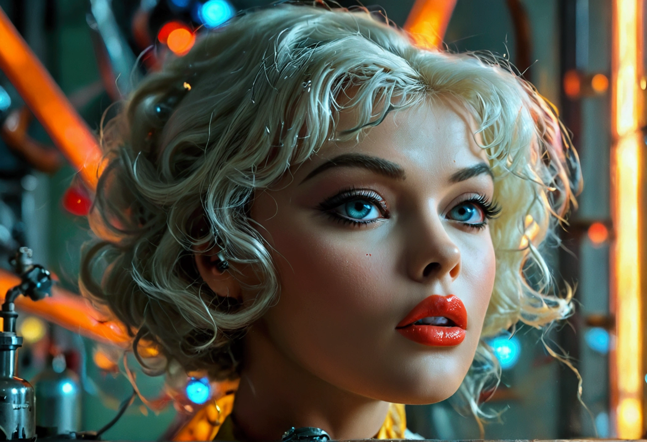 a young and vibrant jayne mansfield, beautiful detailed eyes,beautiful detailed lips,extremely detailed eyes and face,longeyelashes,sexy sci-fi scientist,damsel in distress,recoiling from a terrible monster,science lab,1960s sci-fi cinema,best quality,4k,8k,highres,masterpiece:1.2,ultra-detailed,realistic,photorealistic,photo-realistic:1.37,HDR,UHD,studio lighting,ultra-fine painting,sharp focus,physically-based rendering,extreme detail description,professional,vivid colors,bokeh