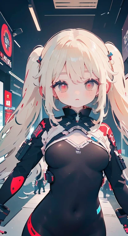 Excellent,work of art,centred, high resolution,highest quallity,hiper HD,very detailled,awardwinning,16K,standing alone,(trunk),anatomical correct,Cute cyberpunk girl,upper body photos、cute face,,blond、long hair、twin tails、braid, thin line,((scarlet eyes)),long eyelashes,drooping eyelids,Caucasian skin,((shoot head on:1.5)), ((skintight:1.5)), Top of the clock、rocket ship , (breasts big),