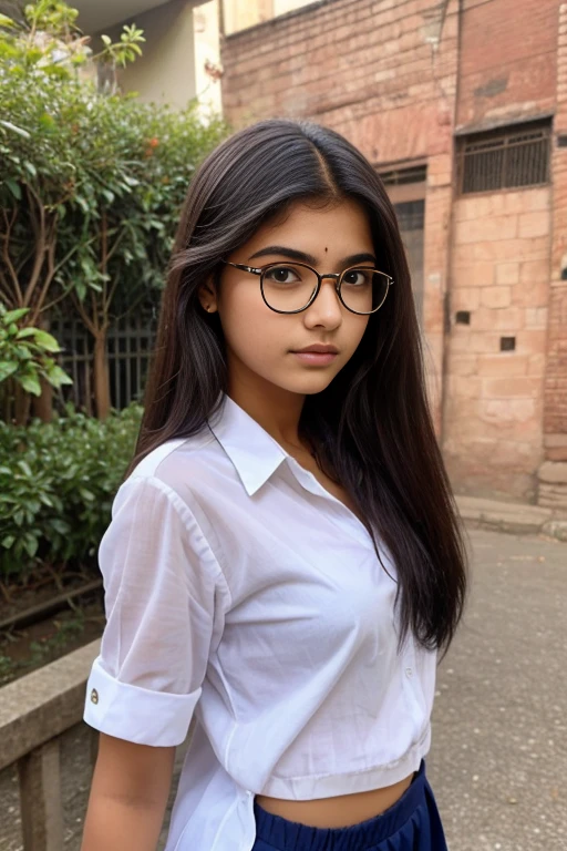 17 years old india school girl, white skin, stylish hair, with wearing spectacle and a short