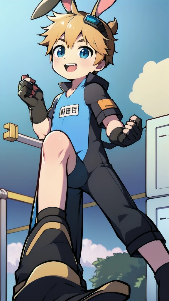 ((A young boy))，(Youthful feeling)，One-piece mountaineering suit，Goggles，Fingerless gloves，Cotton socks，Short sleeve，stand up，happy，Rabbit ears