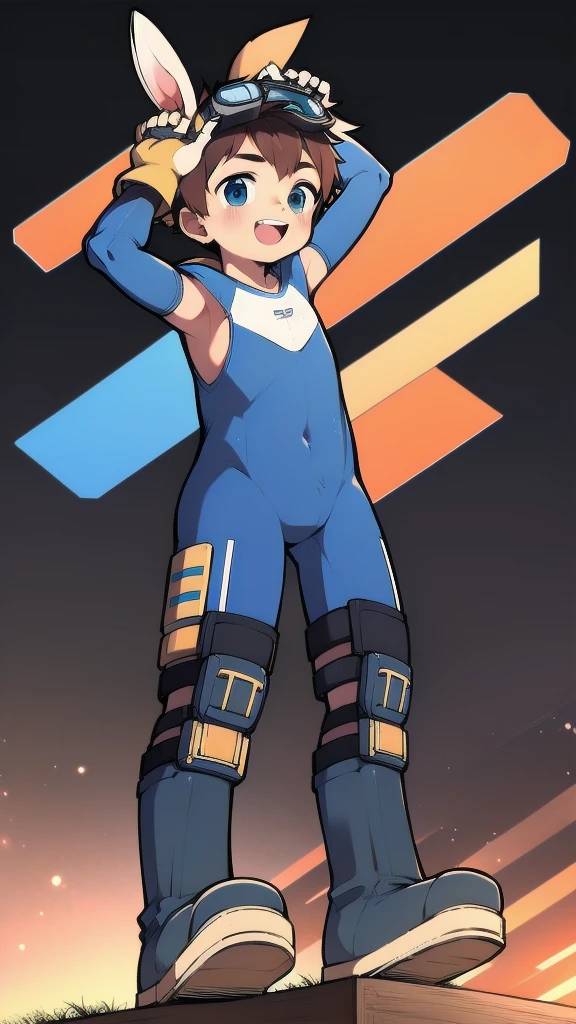 ((A young boy)),(Youthful feeling),One-piece mountaineering suit,Goggles,Fingerless gloves,Cotton socks,Short sleeve,stand up,happy,Rabbit ears