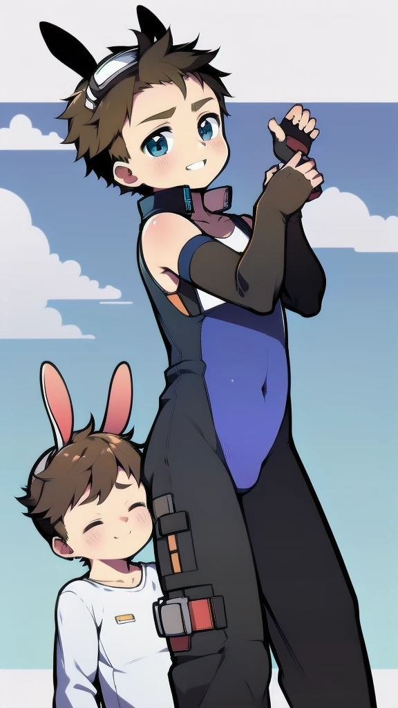 ((A boy)),(Youthful feeling),One-piece mountaineering suit,Goggles,Fingerless gloves,Cotton socks,Short sleeve,stand up,happy,Rabbit ears