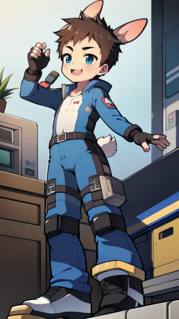 ((A young boy)),(Youthful feeling),One-piece mountaineering suit,Goggles,Fingerless gloves,Cotton socks,Short sleeve,stand up,happy,Rabbit ears