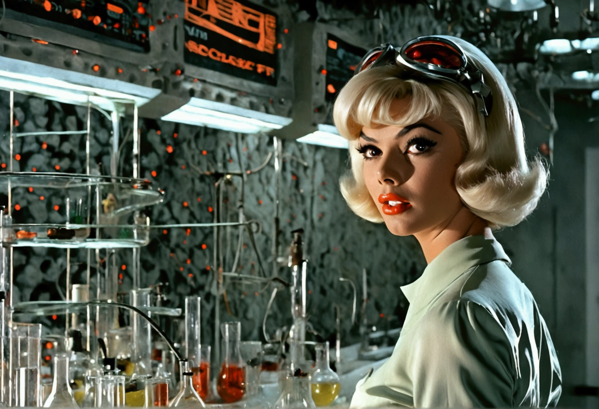 jayne mansfield (age 25, young and vibrant, sexy sci fi scientist), damsel in distress, recoiling from a terrible monster. science lab 1960s sci fi cinema