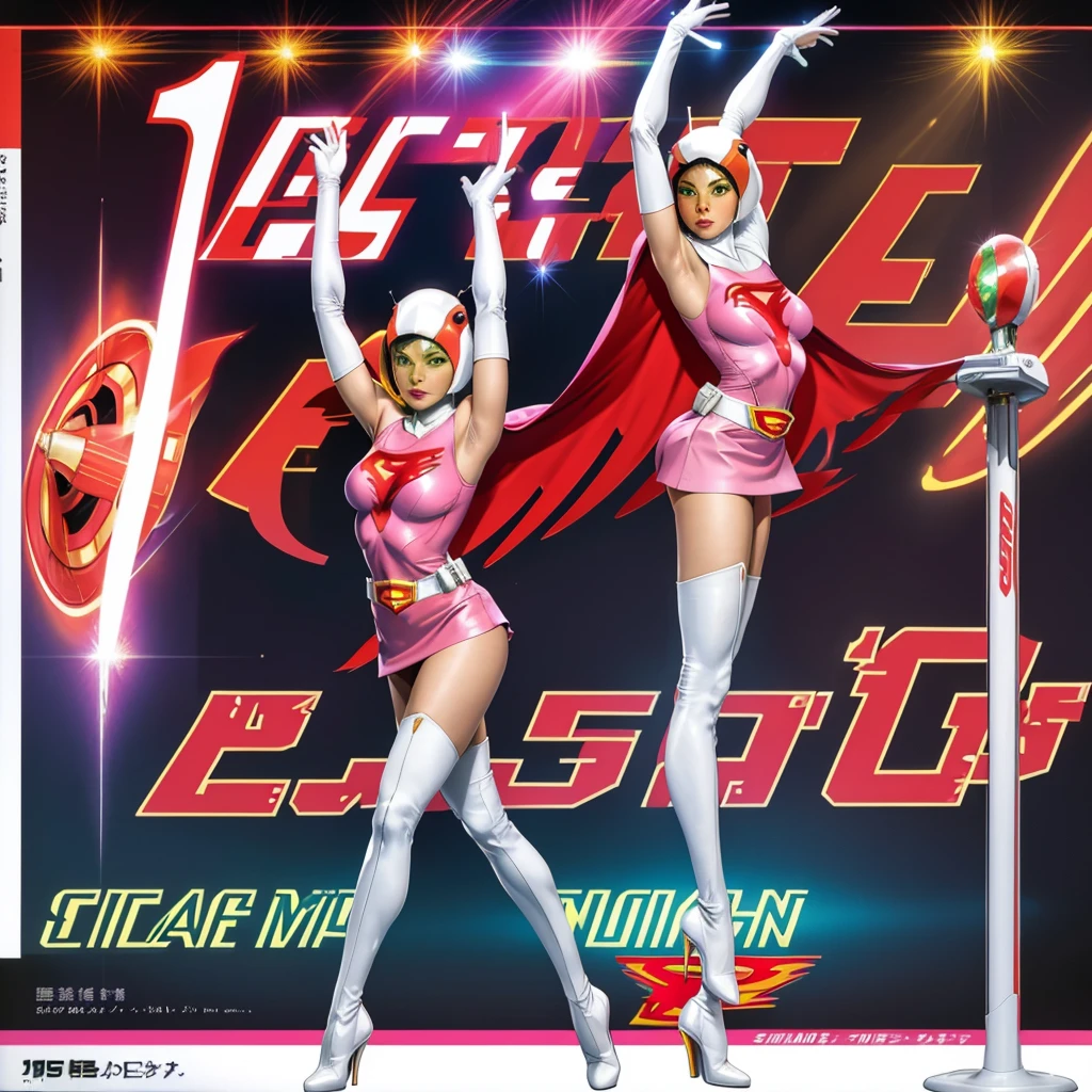 ANI_CLASSIC_jun_gatchaman_ownwaifu,1girl, 15 years old,good anatomy, masterpiece, best quality,realistic, hyperrealistic, 16k hdr,breasts,green eyes,lips,large breasts,lipstick,makeup,gloves,cape,helmet,belt,elbow gloves,white gloves,mask,ultra miniskirt,leotard,spacesuit,white tight overknee highheels boots,pink dress,superhero,bodysuit,cleavage,erected nipples,((standing pose,spread legs, arms up straight)),cameltoe
