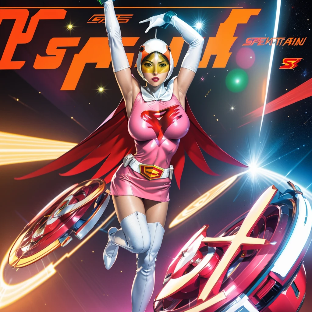 ANI_CLASSIC_jun_gatchaman_ownwaifu,1girl, ,good anatomy, masterpiece, best quality,realistic, hyperrealistic, 16k hdr,breasts,green eyes,lips,large breasts,lipstick,makeup,gloves,cape,helmet,belt,elbow gloves,white gloves,mask,ultra miniskirt,leotard,spacesuit,white tight overknee highheels boots,pink dress,superhero,bodysuit,cleavage,erected nipples,((standing pose,spread legs, arms up straight)),cameltoe