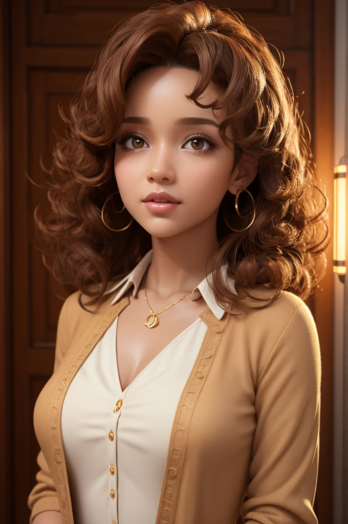 PIXAR STYLE 3D A LIGHT SKIN WOMAN WITH BROWN CURLY HAIR WITH A LIGHT BLOUSE A WELL LIT BACKGROUND