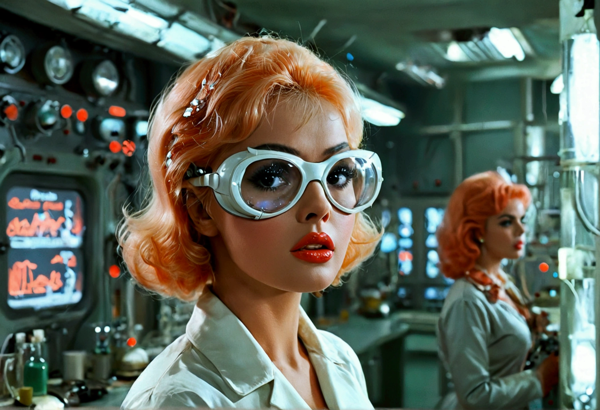jayne mansfield (age 25, young and vibrant, sexy sci fi scientist), damsel in distress, recoiling from a terrible monster. science lab 1960s sci fi cinema