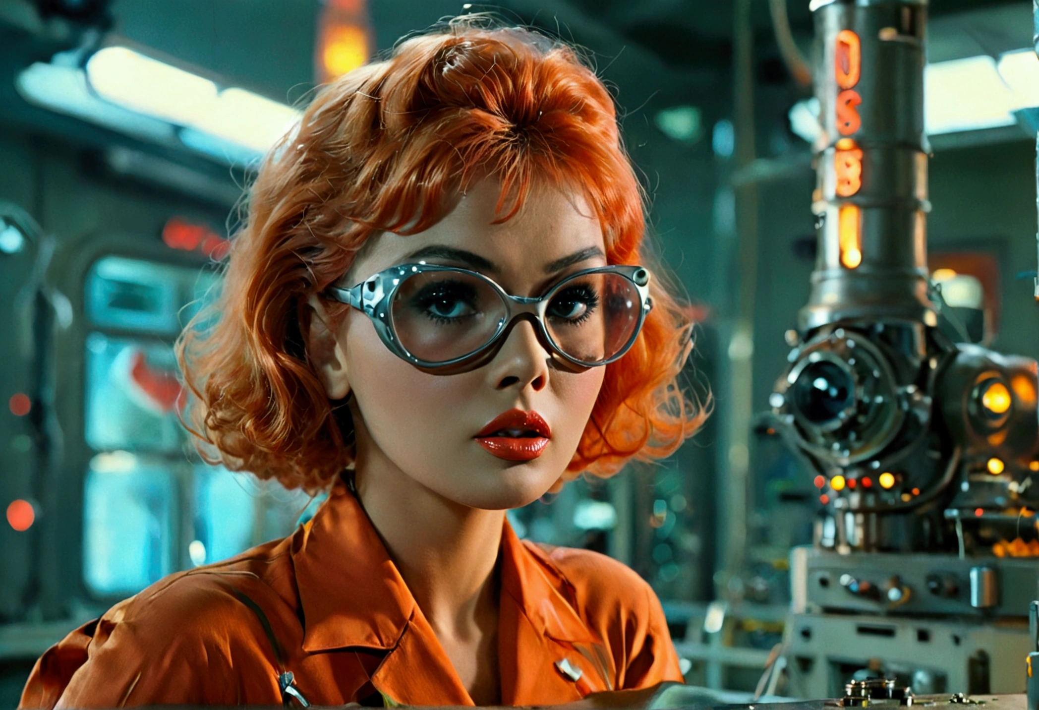 jayne mansfield (age 25, young and vibrant, sexy sci fi scientist), damsel in distress, recoiling from a terrible monster. science lab 1960s sci fi cinema