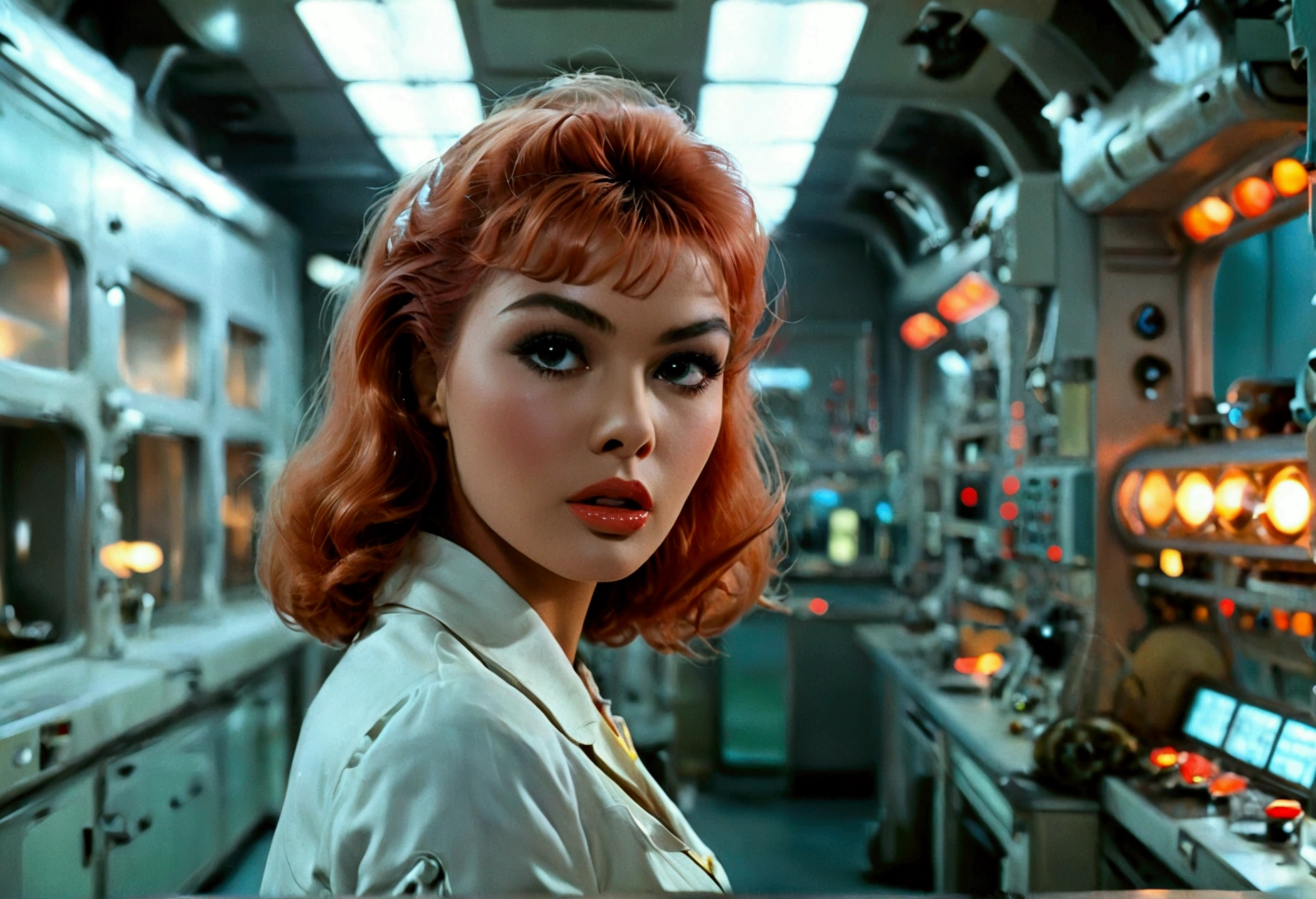 jayne mansfield (age 25, young and vibrant, sexy sci fi scientist), damsel in distress, recoiling from a terrible monster. science lab 1960s sci fi cinema