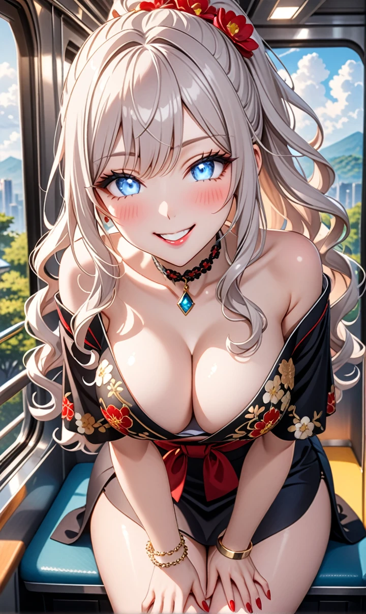 ultra-detailed, ((one girl)),nsfw, (pale skin:1.4), in pastel colors gyaru, (heavy makeup), hyper detailed, absurdres, 8K, Beautiful Face, (Laugh shyly), ((teasing smile:1.8)), ((Wink:1.6)), (Laugh with your mouth wide open),((Tilt your face:1.6)), View your viewers, ((full-face blushed:1.5)),Glossy Red Lips, ((Big Breasts:1.5)), ((undressing:1.3)), ((show off nipple)), noon, on the train, (Brighten your face), ((Anime style background)),masterpiece, Highest quality, so beautiful,Latest, Complex details, (Red long nails), (nail art), (ring),(bracelet), (Floral Choker),AI-generated, Complex,High resolution, Highest quality, super high quality,3D Images、3D Images,One person,Long white hair,(High Ponytail), (wavy hair:1.3), White haired anime woman posing for a photo, ((Fine grain、blue eyes、glowing eyes:1.5)), (Squint your eyes:1.1),a hyperRealistic , hyperRealistic , Realistic,Anime woman with long white hair, Smooth anime CG art, (A girl in a gorgeous black kimono), ((Black furisode:1.3)), (Gold embroidery), (Red floral embroidery),ring,Mature Body, tall,Narrow waist, ((Sit in the seat)), ((leaning forward:1.6)), ((hand between legs:1.2)), (from above), ((incoming kiss)),