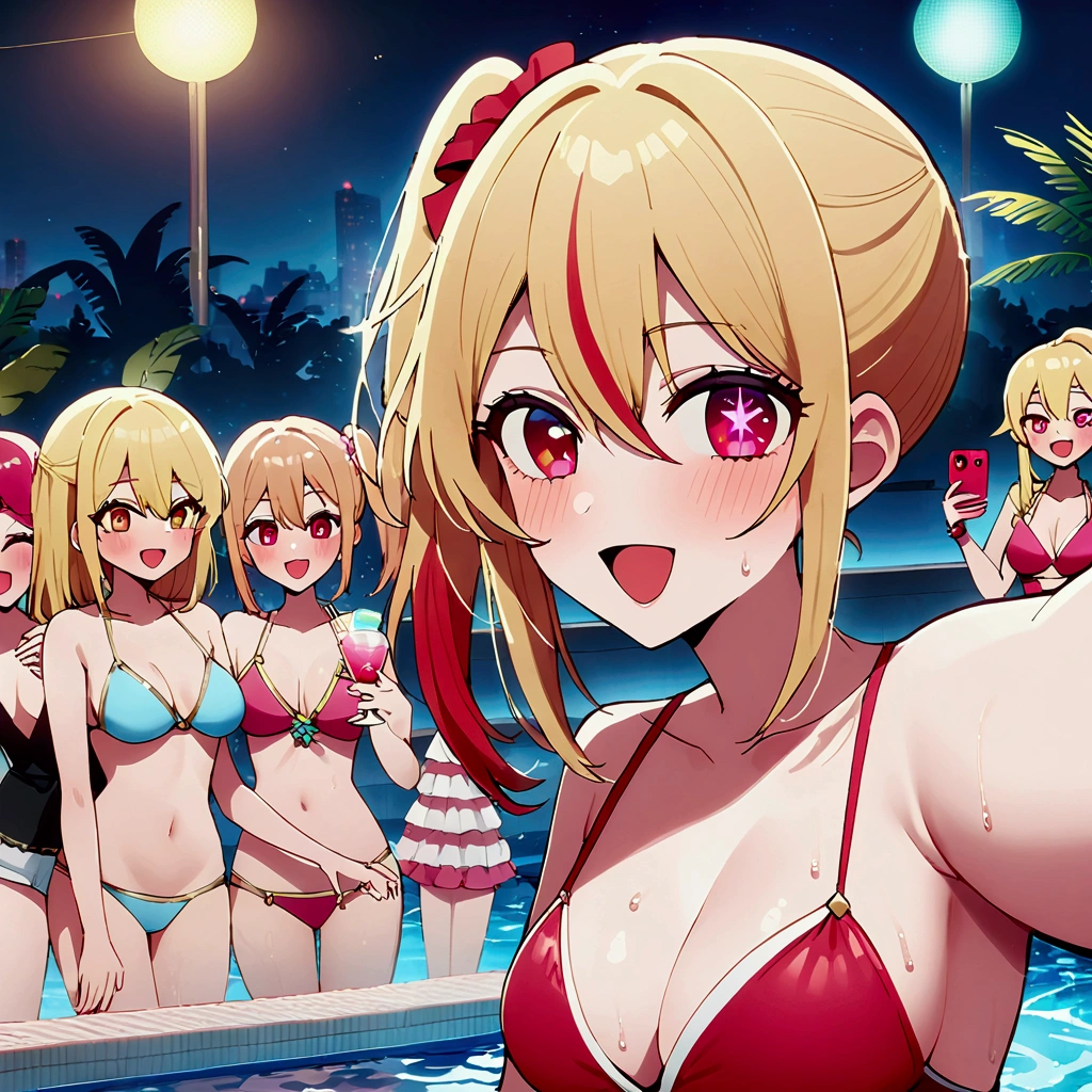 night pool, luxurious pool party venue with a large crowd, hoshinoruby, star-shaped pupils, ruby_hoshino, idol, blonde hair, bangs, pink and red eyes, streaked hair, hair between eyes, left side ponytail, medium breasts, finely detailed skin, big laughter, best quality, masterpiece, high quality, extremely detailed CG unity 8k wallpaper, intricate details, young people having fun at a pool, multi pose, everyone enjoys partying, big beach balls, caustics, glass of cocktail, (captures a selfie:1.5), looking at viewer,