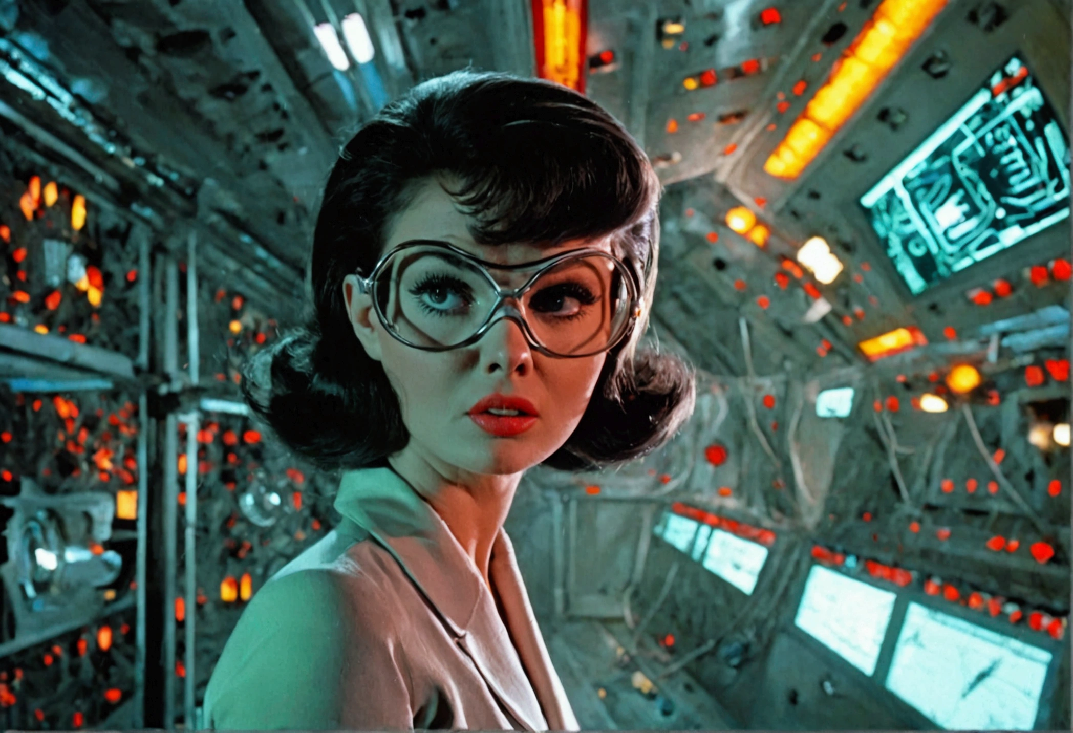 jayne mansfield (age 25, young and vibrant,  sci fi scientist), damsel in distress, recoiling from a terrible monster. science lab 1960s sci fi cinema. Show all of her, full body shown
