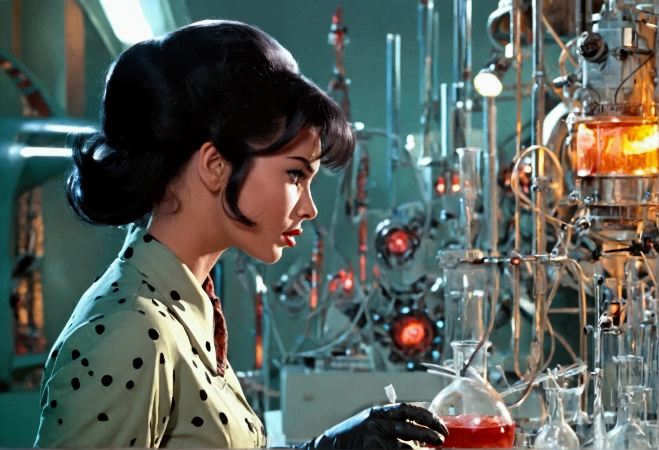 jayne mansfield (age 25, young and vibrant, sexy sci fi scientist), damsel in distress, recoiling from a terrible monster. science lab 1960s sci fi cinema