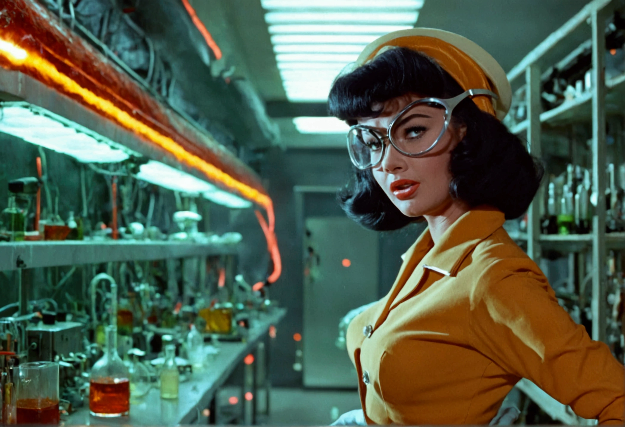 jayne mansfield (age 25, young and vibrant, sexy sci fi scientist), damsel in distress, recoiling from a terrible monster. science lab 1960s sci fi cinema. Show all of her, full body shown
