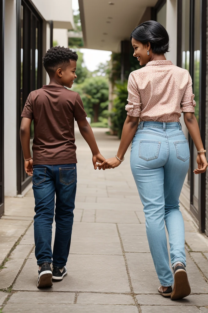 Mother son is walking and they are shes are 
back side and they are keeping smile the time like mide night