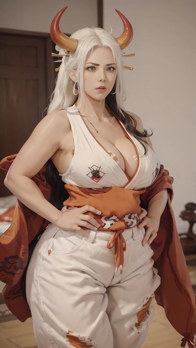 yamato_onepiece_ecsta, white hair, horns, yamato (one piece), multicolored horns, red and orange horns, orange eyes, japanese clothes, (sleeveless loose kimono), red long haori pants:1.2, tall fleshy girl, arms on hips, heavy huge natural breasts,