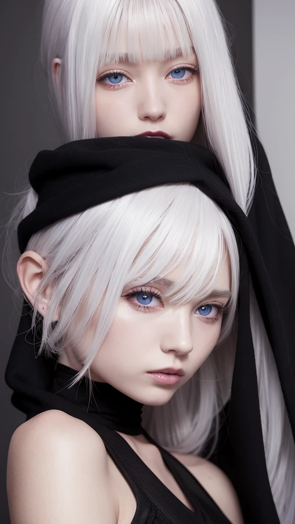 a white-haired, purple-eyed, white-skinned woman wearing black
