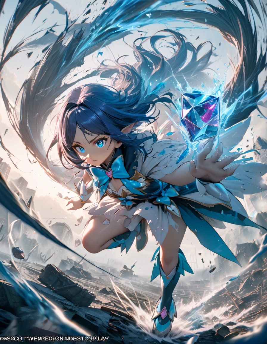Portraiture, Long Hair, Navy Blue Hair, Detailed eyes in blue color,  One Girl, head, face, Magical girl, Absurd, masterpiece, Highest quality, Magical girl costume, ((Magical girl)), short hair, Devastation, Remaining, Dynamic pose, Apocalypse, Casting a Spell, Style-Glass, Full Body Shot、Strong winds、Raging Splash、Vortex of Light