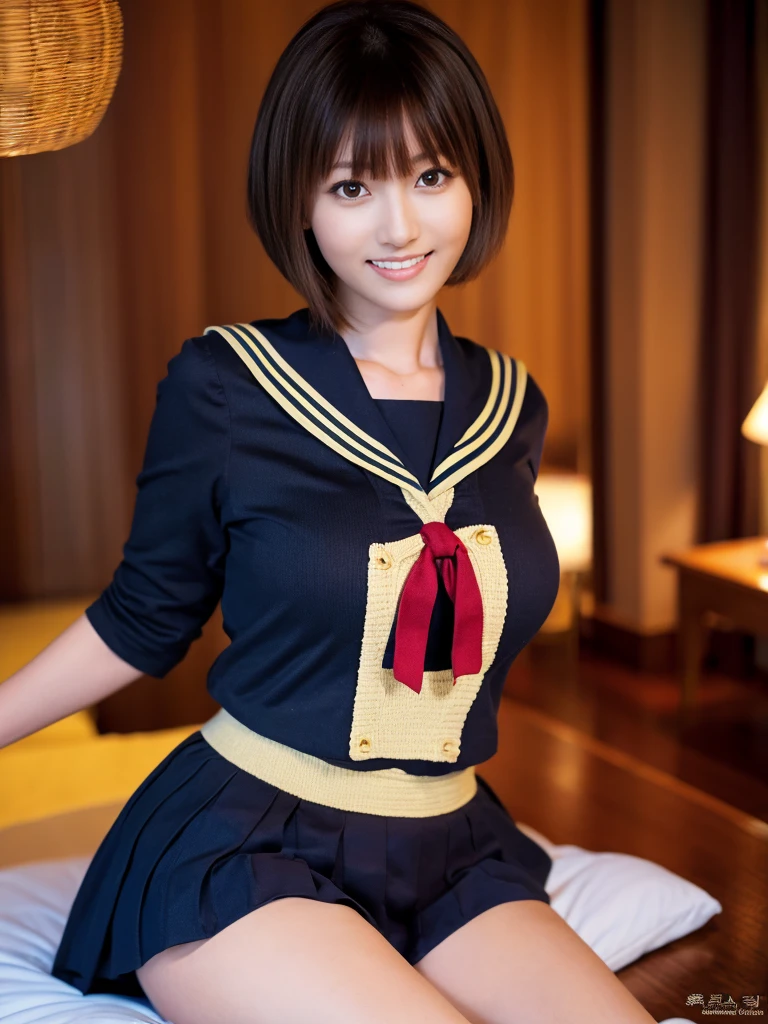 (Super reality:1.2), (digital art, digital illustration, 4k, 8k, Super detailed, beautiful images, clear image, (realistic), (RAW photo:1.3), perfect face, perfect lines, perfect eyes, Accurate body shape, dark lighting) , 1 Japanese cute girl after school, solo, school uniform, (sailor suit, serafuku:1.3), (short cut hair style:1.3), Beautiful face, amateur girl, sexy gyaru:1.3, ((life down panties)), so japanese young Idol, full chest, slim body style, (Inside the hotel, American size bed room, Antique furniture), Precise arms, precise hands and fingers, Beautiful hands and fingers, small smile, Beautiful thighs, (Kneeling on the bed), from side